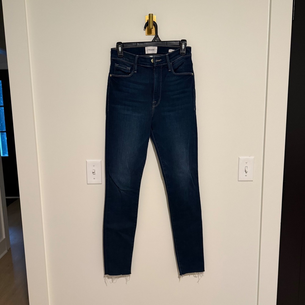 FRAME Ali High Rise Skinny Jeans Dark Wash Raw Hem Indigo Denim Size 27